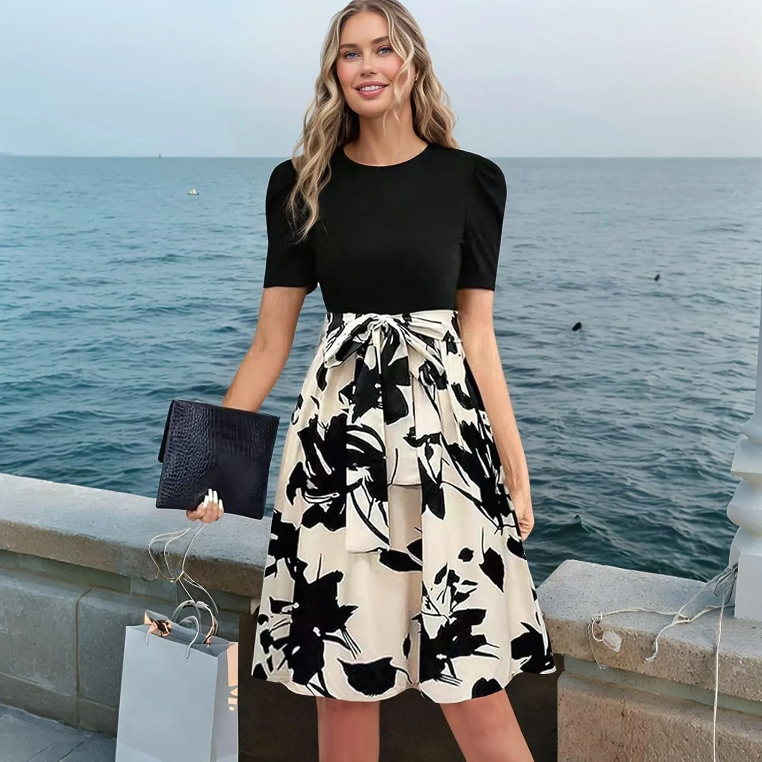 Floral Mini Dress for Women Causal Summer Tie Empire Waist Wrap Dress Short Sleeve Knee Length Flowy Ruffle Dresses