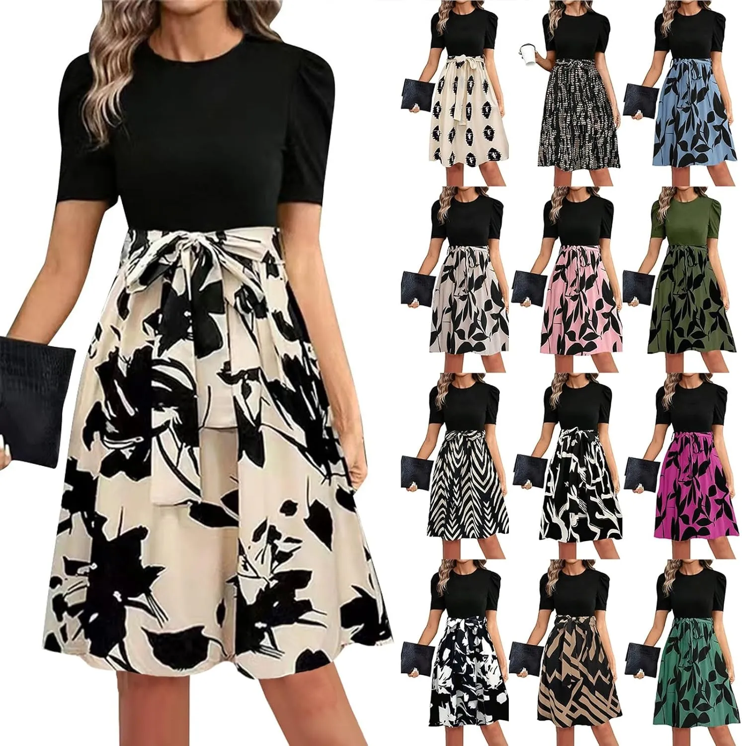 Floral Mini Dress for Women Causal Summer Tie Empire Waist Wrap Dress Short Sleeve Knee Length Flowy Ruffle Dresses