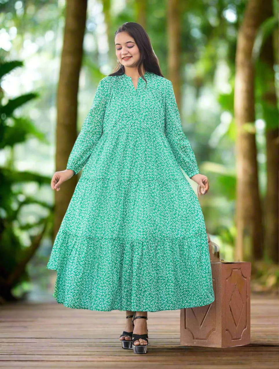 Floral Printed Green Dress (pack of 1)
