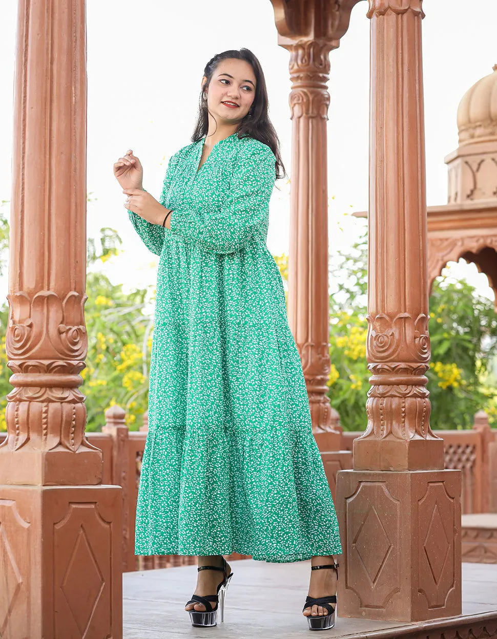 Floral Printed Green Dress (pack of 1)