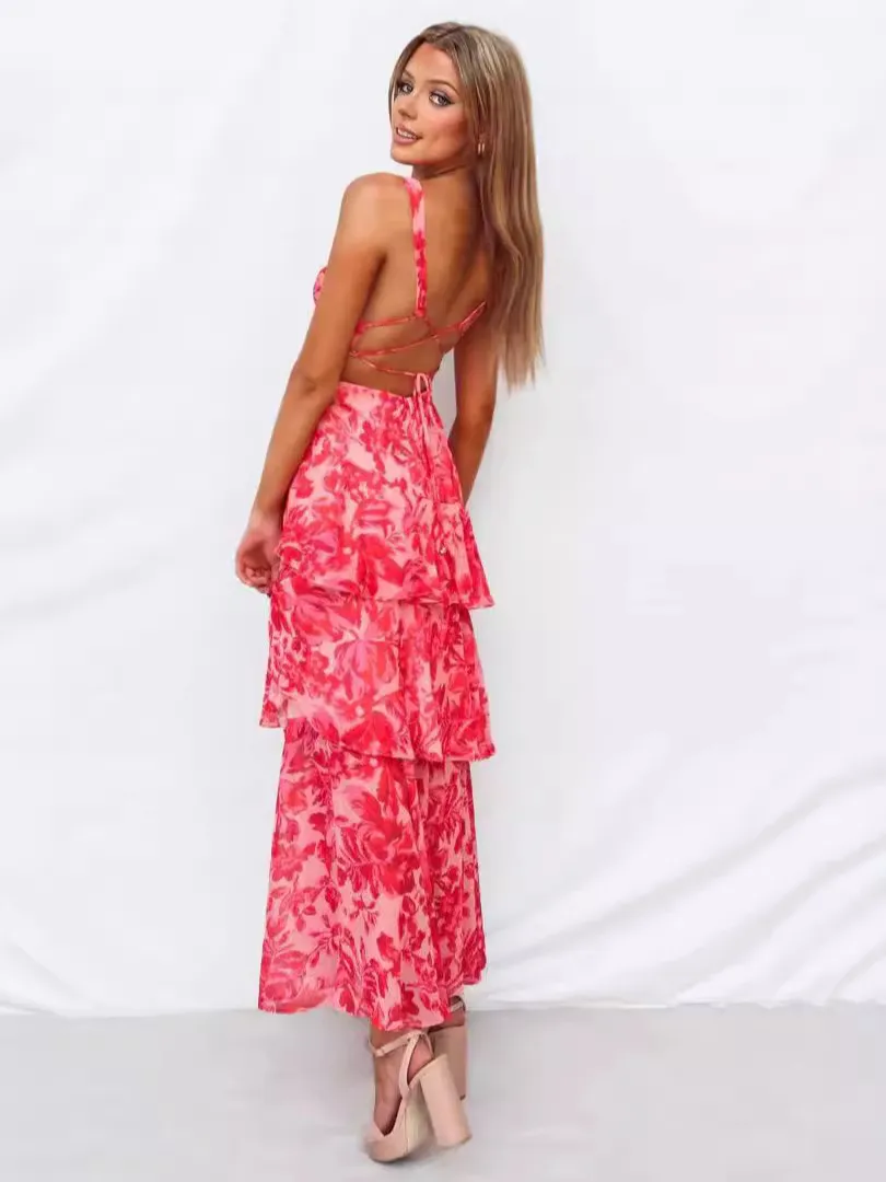 Floral Printed Strappy Back Ruffle Midi Dress