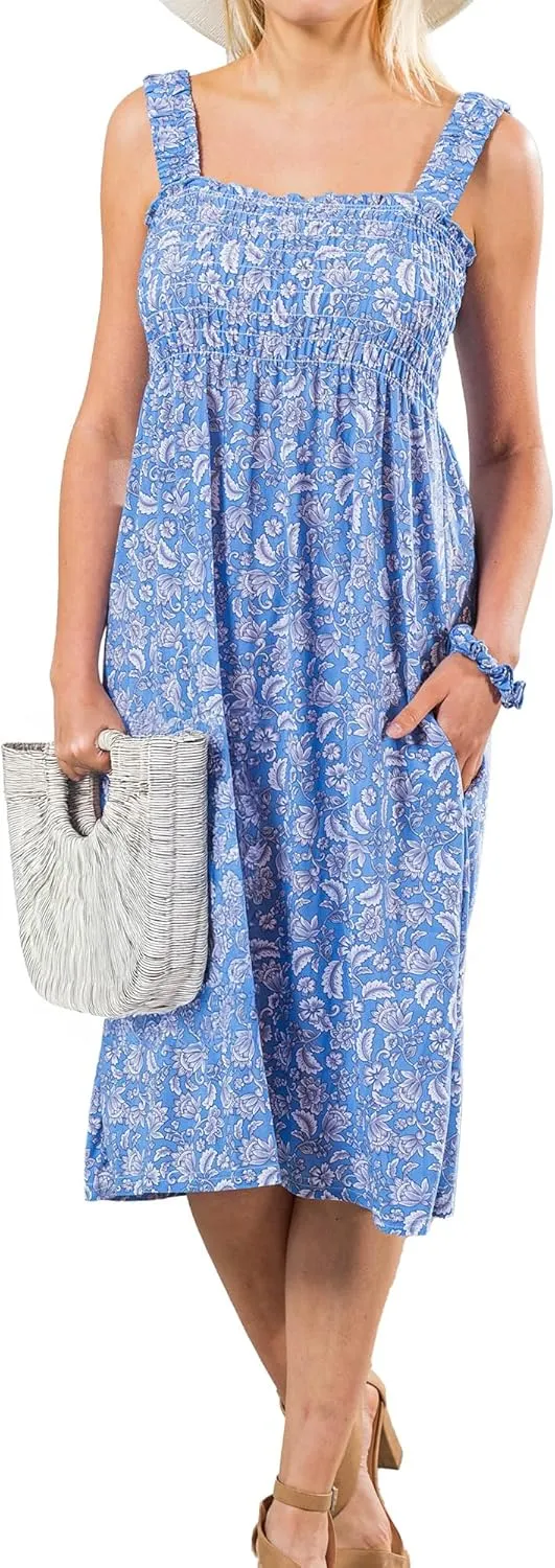 Floral Sundress with Pocket, Beach Outfit Sleeveless Long Sundress, Scrunchie Included Vacation Dresses for Women 2024