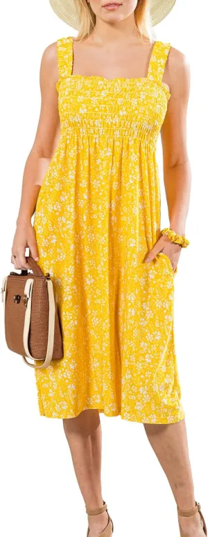Floral Sundress with Pocket, Beach Outfit Sleeveless Long Sundress, Scrunchie Included Vacation Dresses for Women 2024