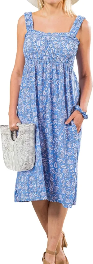 Floral Sundress with Pocket, Beach Outfit Sleeveless Long Sundress, Scrunchie Included Vacation Dresses for Women 2024