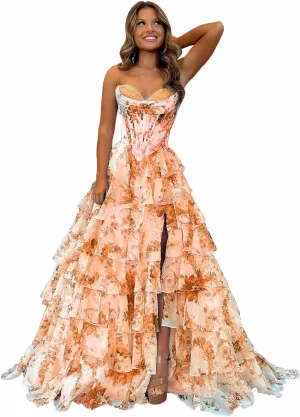 Floral Tiered Prom Dress Formal Long Strapless Evening Dresses A-Line Women Wedding Party Gown