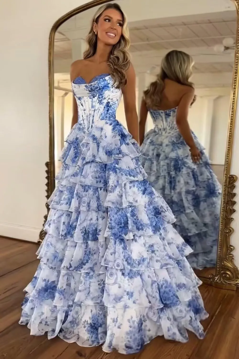 Floral Tiered Prom Dress Formal Long Strapless Evening Dresses A-Line Women Wedding Party Gown
