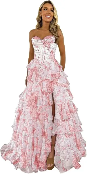 Floral Tiered Prom Dress Formal Long Strapless Evening Dresses A-Line Women Wedding Party Gown