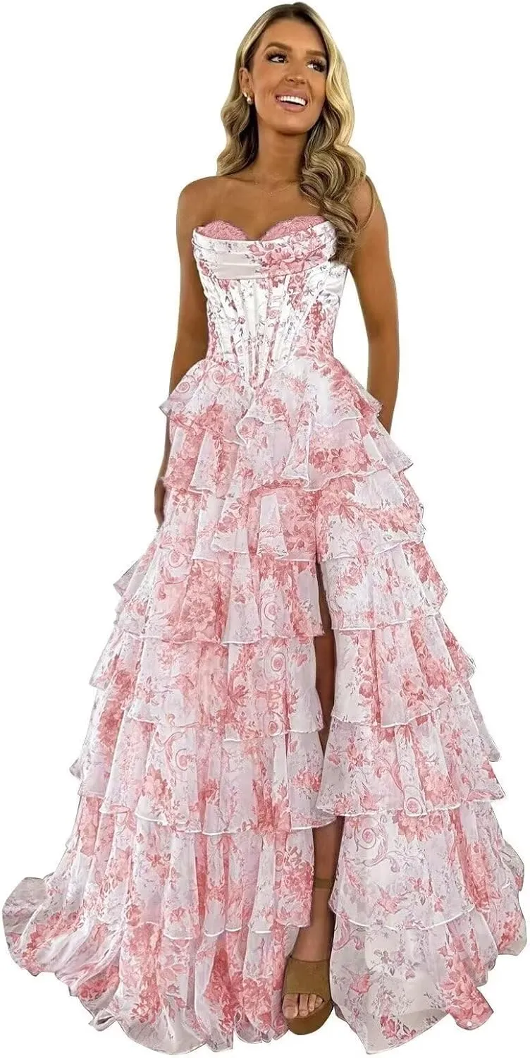 Floral Tiered Prom Dress Formal Long Strapless Evening Dresses A-Line Women Wedding Party Gown