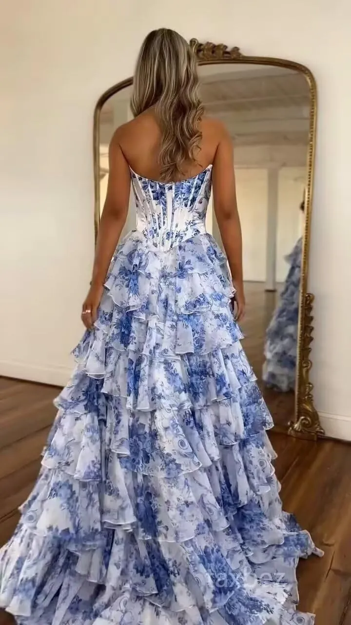 Floral Tiered Prom Dress Formal Long Strapless Evening Dresses A-Line Women Wedding Party Gown