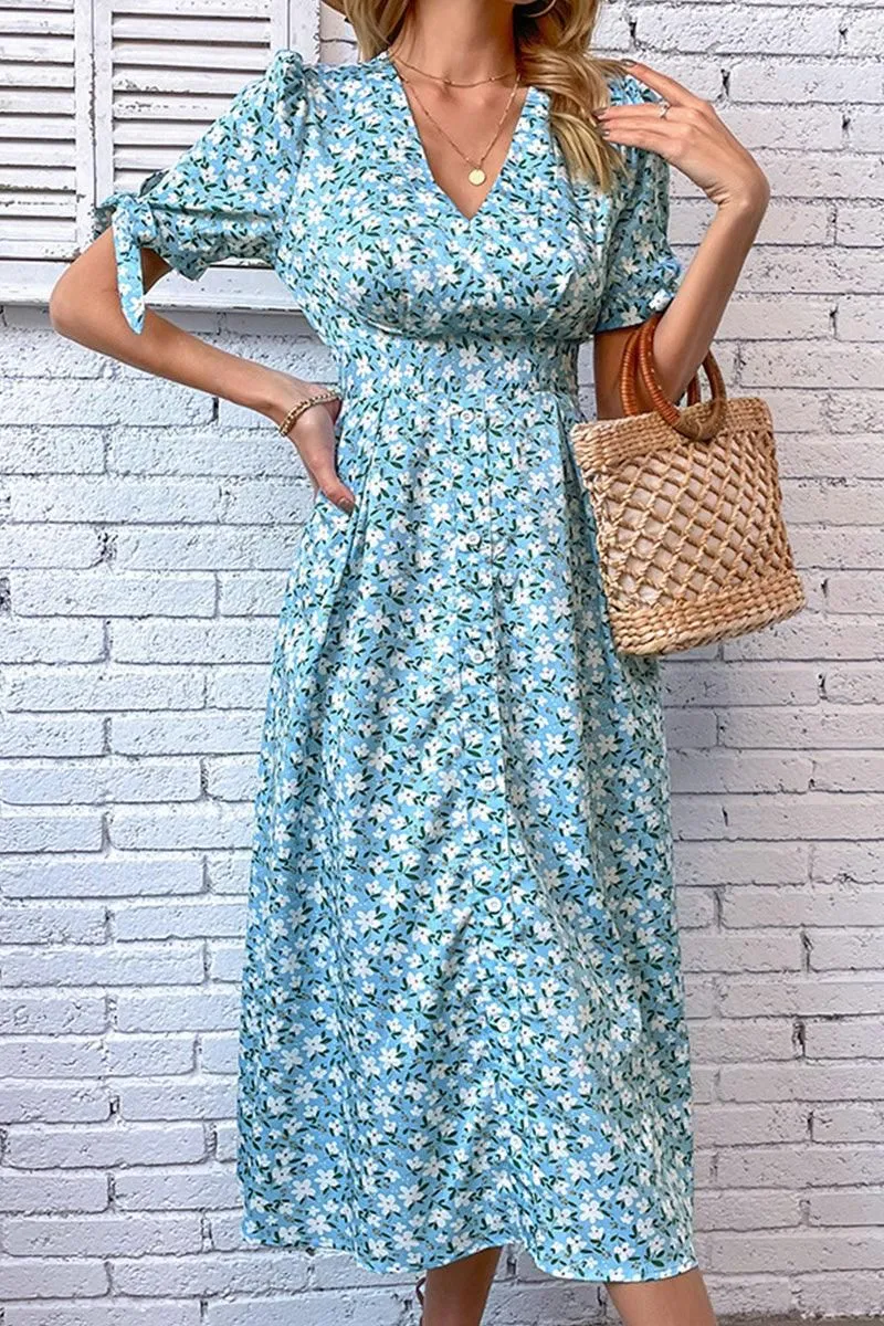 FLORAL TIGHTEN WAIST PUFF RIBBON SLEEVES DRESS