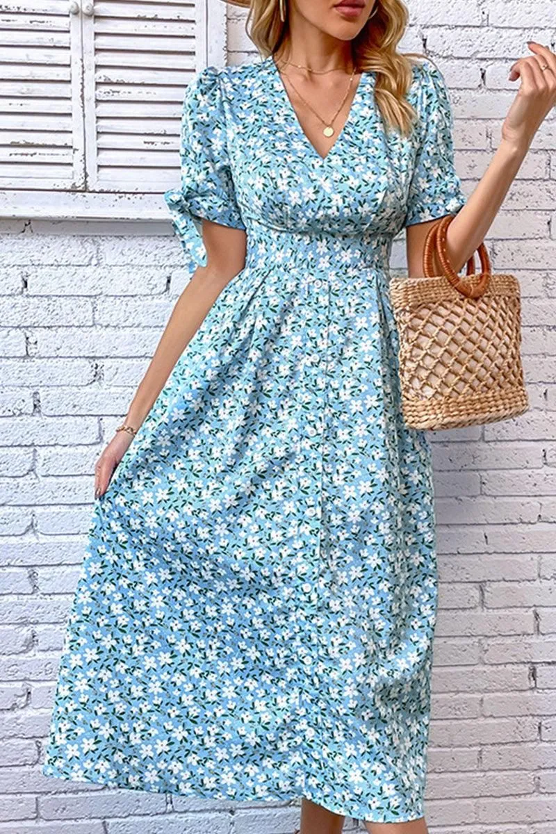 FLORAL TIGHTEN WAIST PUFF RIBBON SLEEVES DRESS