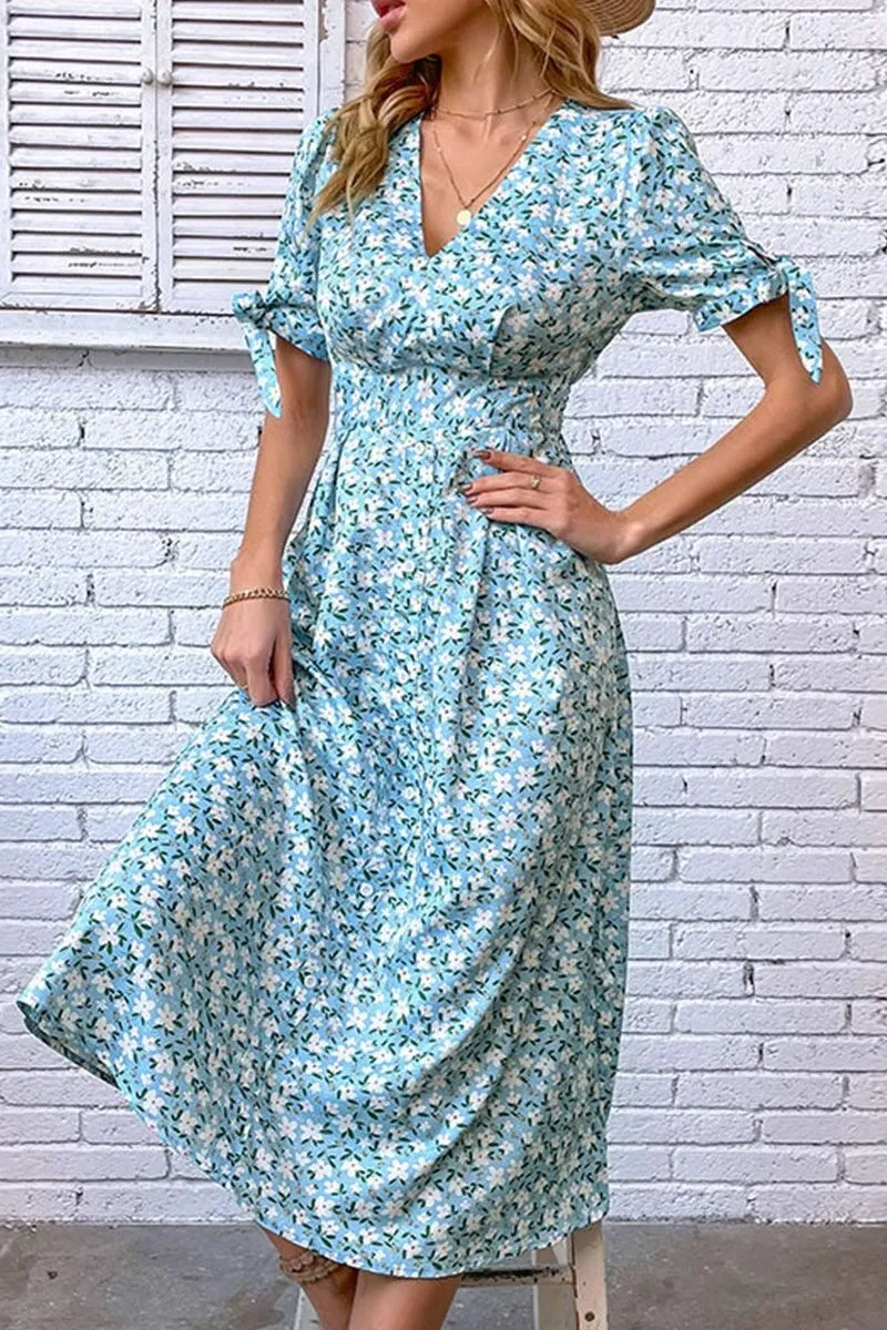 FLORAL TIGHTEN WAIST PUFF RIBBON SLEEVES DRESS