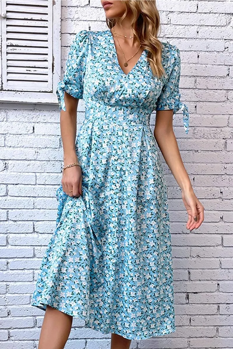 FLORAL TIGHTEN WAIST PUFF RIBBON SLEEVES DRESS