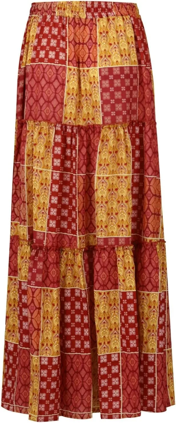 Flowy Tiered Maxi Skirts for Women 2025 Trendy Summer Vacation Boho Long Floral Skirt Elastic Drawstring A Line Skirt
