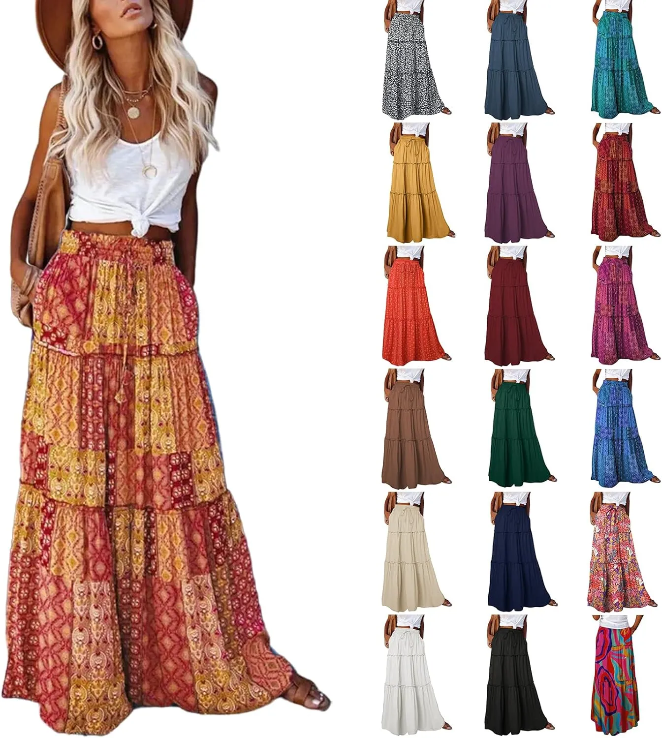 Flowy Tiered Maxi Skirts for Women 2025 Trendy Summer Vacation Boho Long Floral Skirt Elastic Drawstring A Line Skirt
