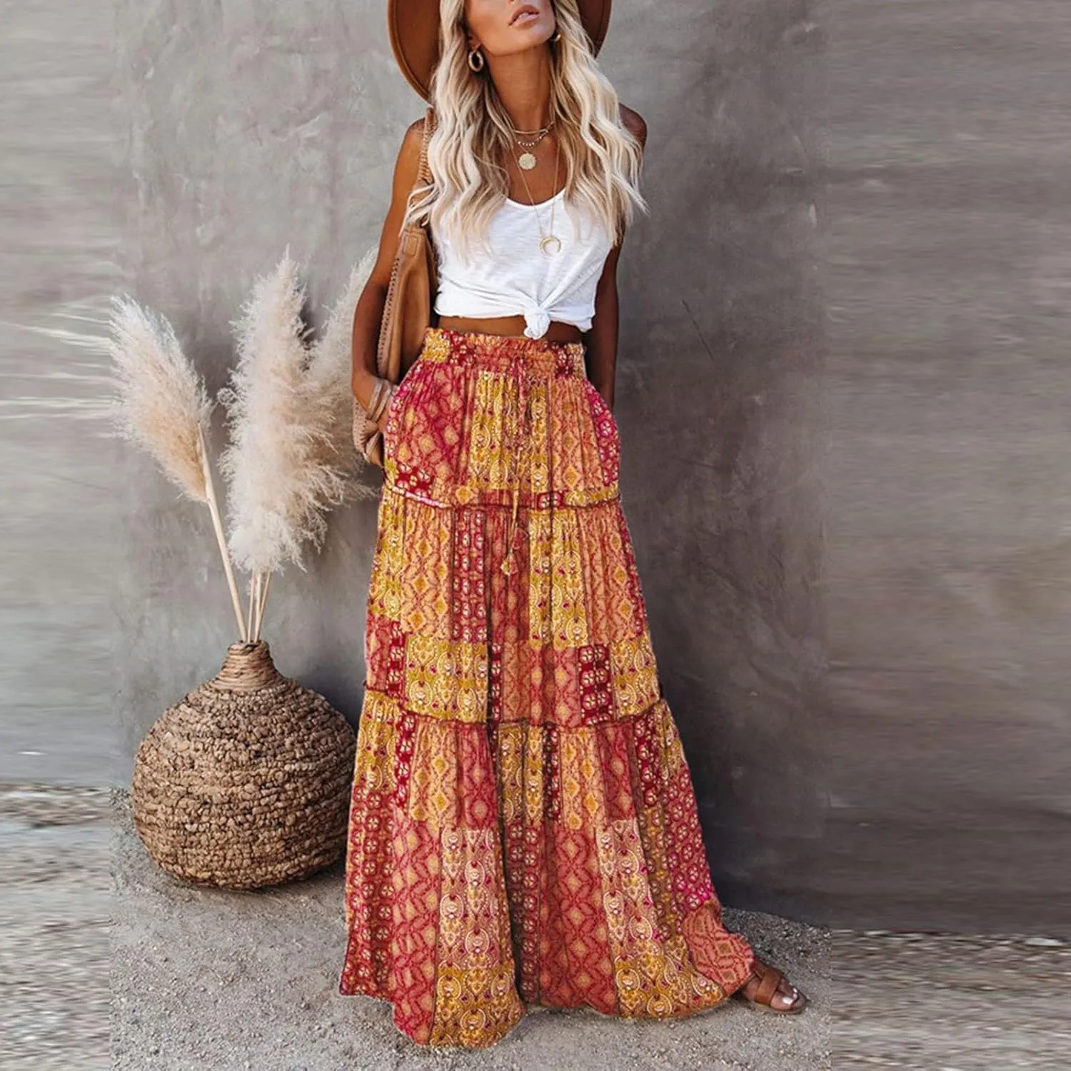 Flowy Tiered Maxi Skirts for Women 2025 Trendy Summer Vacation Boho Long Floral Skirt Elastic Drawstring A Line Skirt