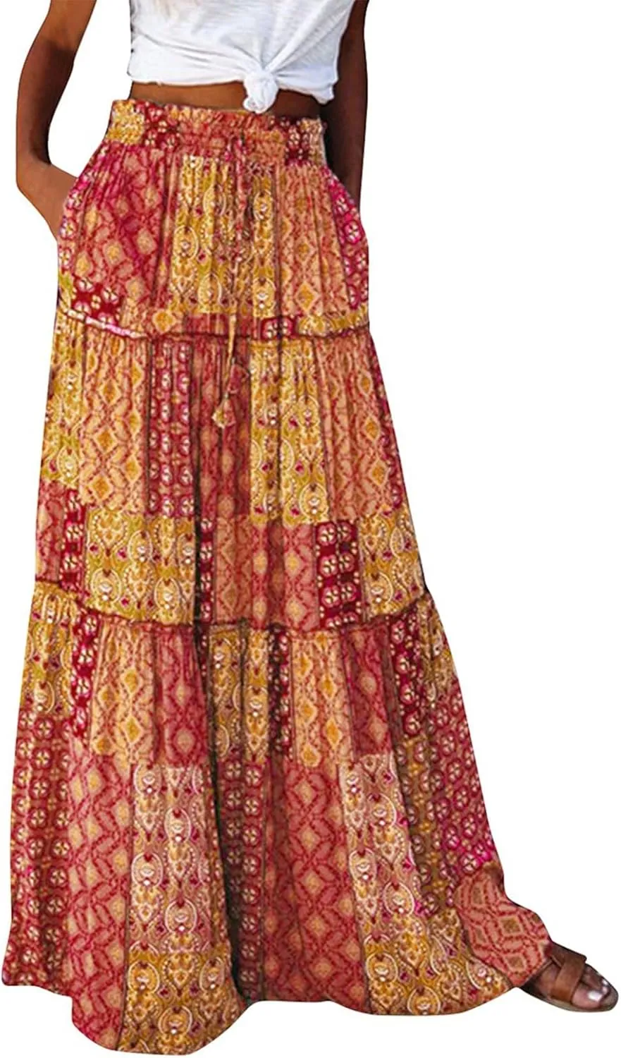 Flowy Tiered Maxi Skirts for Women 2025 Trendy Summer Vacation Boho Long Floral Skirt Elastic Drawstring A Line Skirt