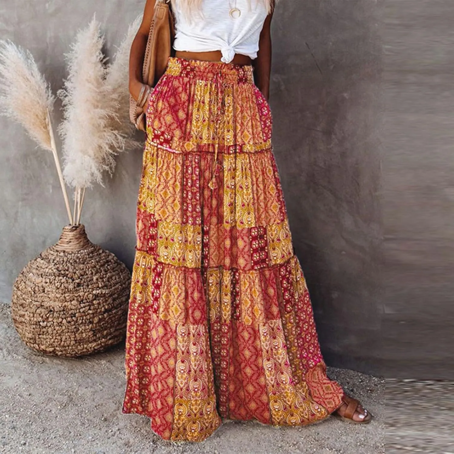 Flowy Tiered Maxi Skirts for Women 2025 Trendy Summer Vacation Boho Long Floral Skirt Elastic Drawstring A Line Skirt