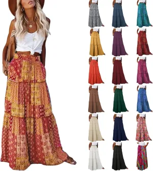 Flowy Tiered Maxi Skirts for Women 2025 Trendy Summer Vacation Boho Long Floral Skirt Elastic Drawstring A Line Skirt