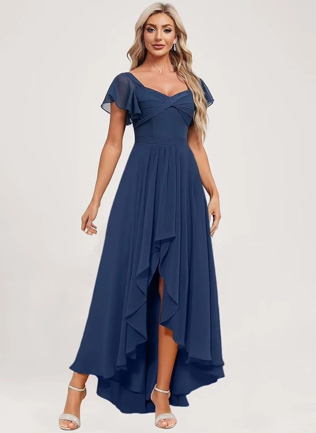 Flutter Sleeve Bridesmaid Dresses for Wedding Pleated Chiffon Square Collar Formal Gowns A-Line Party Dress with Pockets