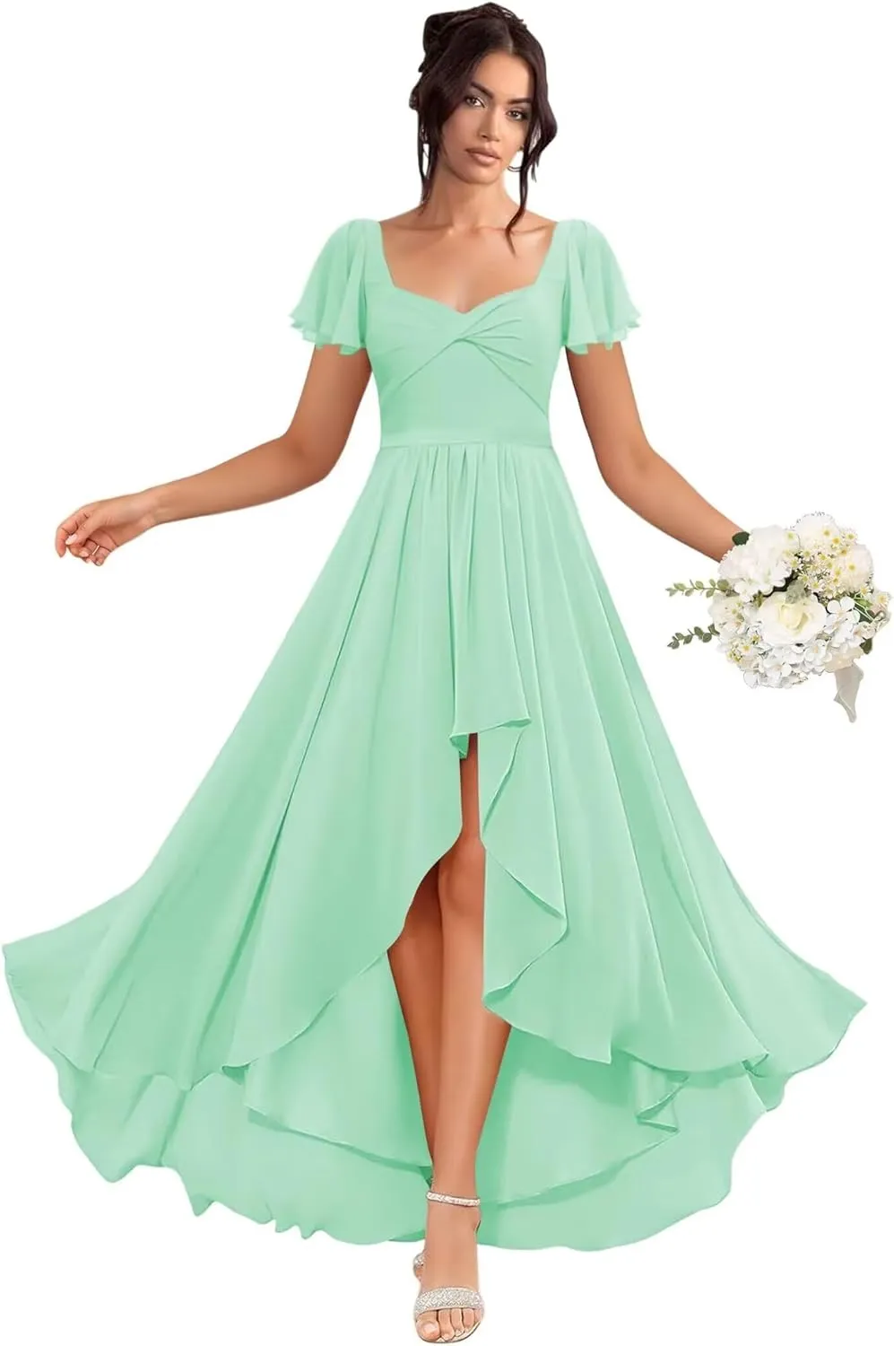 Flutter Sleeve Bridesmaid Dresses for Wedding Pleated Chiffon Square Collar Formal Gowns A-Line Party Dress with Pockets