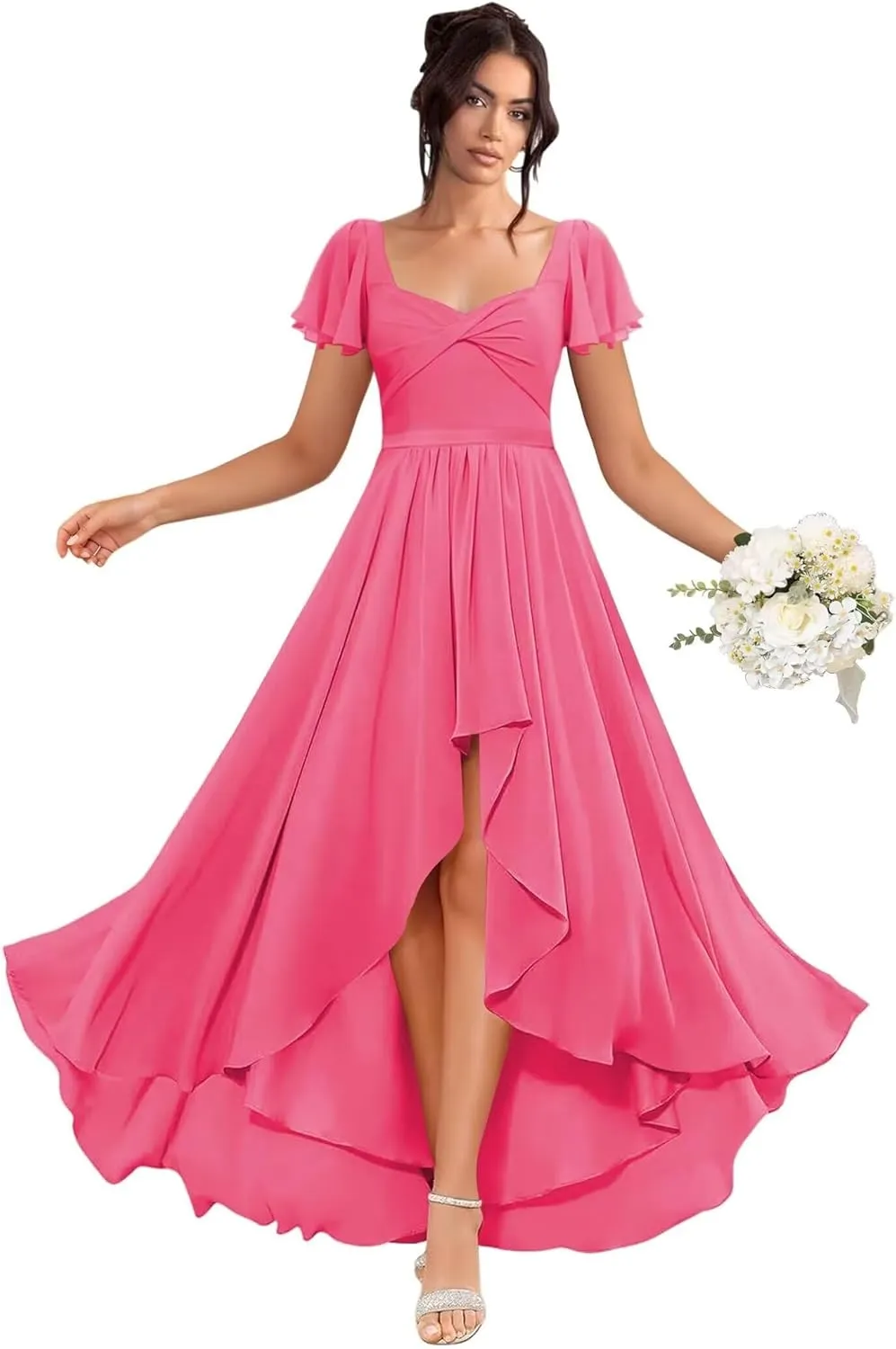 Flutter Sleeve Bridesmaid Dresses for Wedding Pleated Chiffon Square Collar Formal Gowns A-Line Party Dress with Pockets