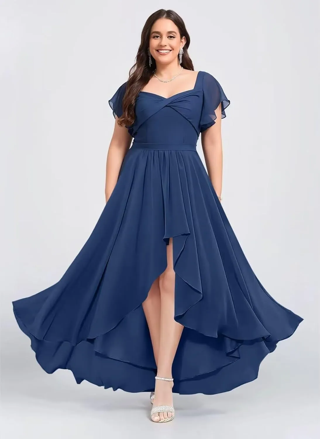 Flutter Sleeve Bridesmaid Dresses for Wedding Pleated Chiffon Square Collar Formal Gowns A-Line Party Dress with Pockets