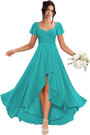 Flutter Sleeve Bridesmaid Dresses for Wedding Pleated Chiffon Square Collar Formal Gowns A-Line Party Dress with Pockets