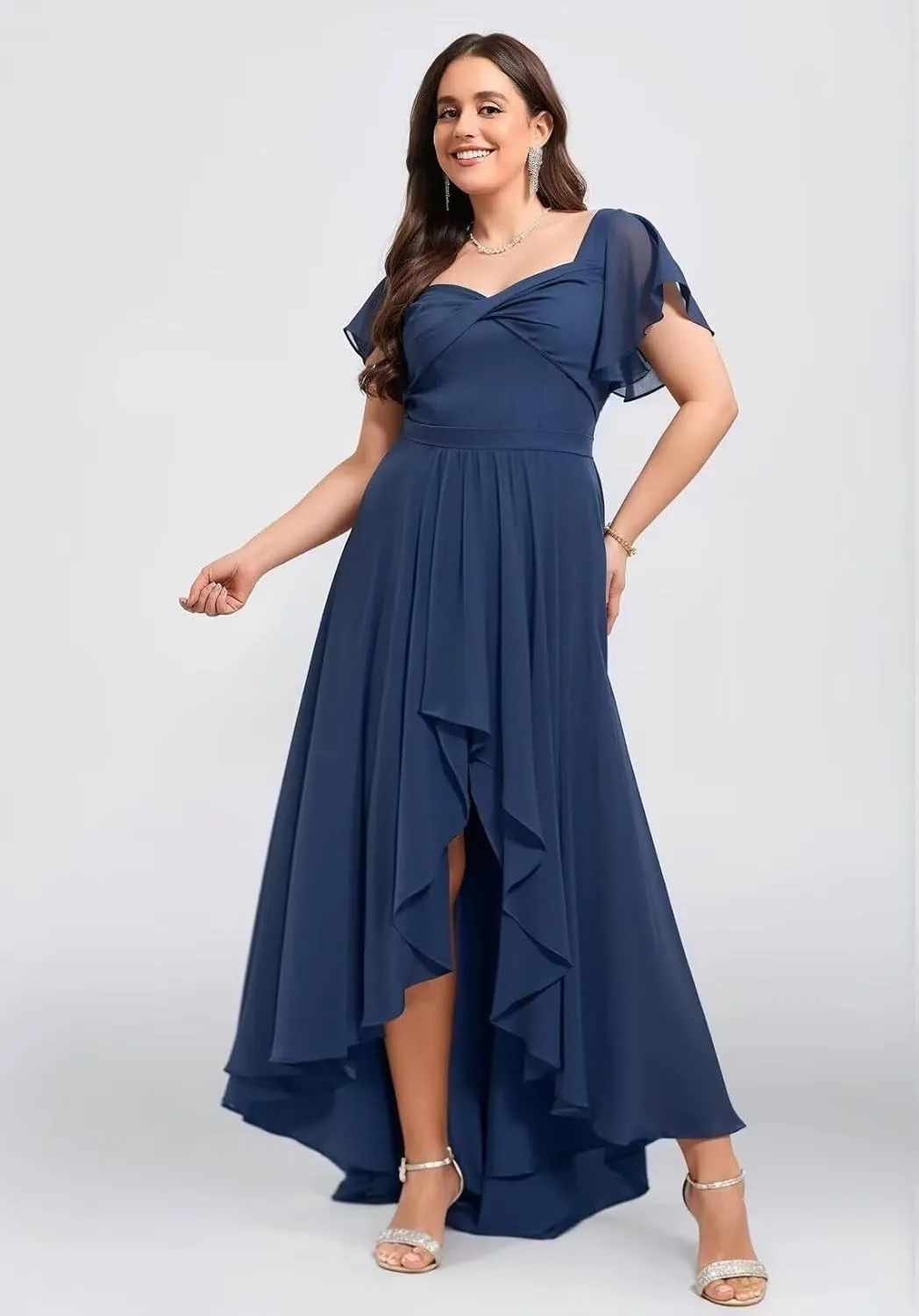 Flutter Sleeve Bridesmaid Dresses for Wedding Pleated Chiffon Square Collar Formal Gowns A-Line Party Dress with Pockets