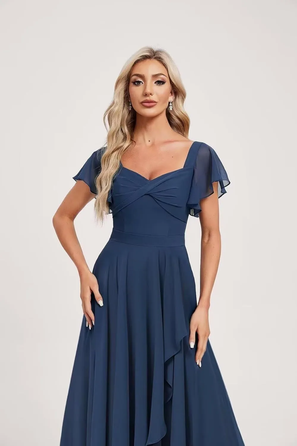 Flutter Sleeve Bridesmaid Dresses for Wedding Pleated Chiffon Square Collar Formal Gowns A-Line Party Dress with Pockets