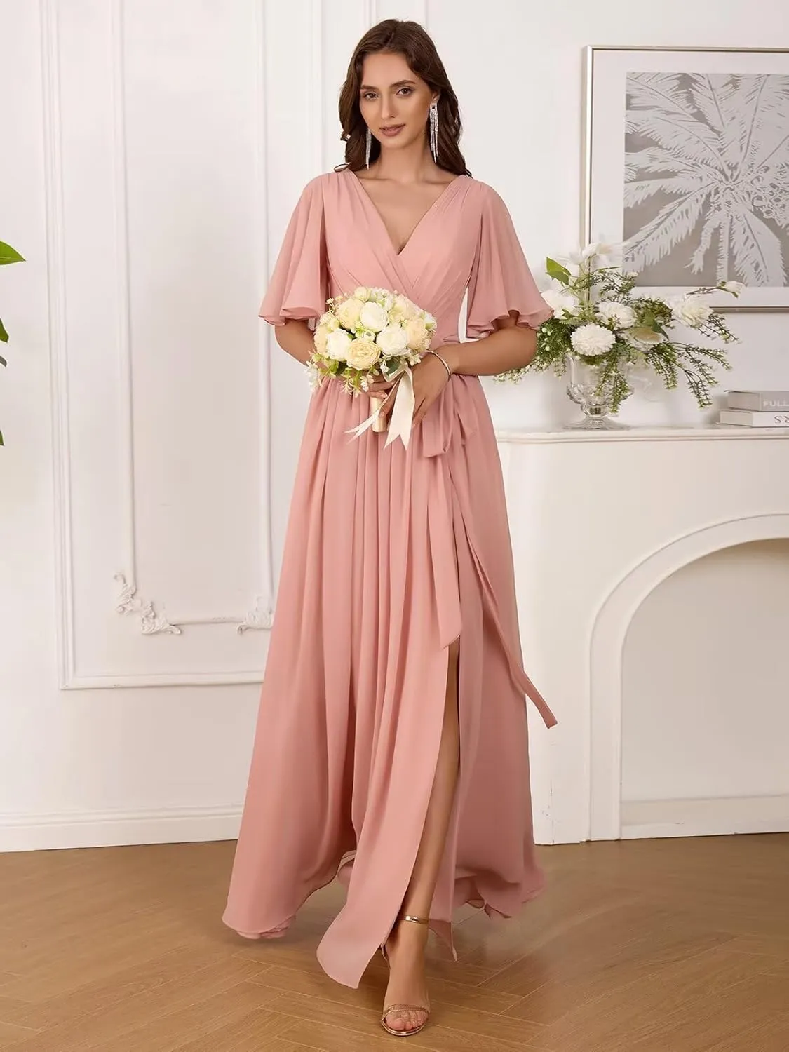 Flutter Sleeve Chiffon Bridesmaid Dresses Long with Pockets Slit V Neck Formal Dress for Women