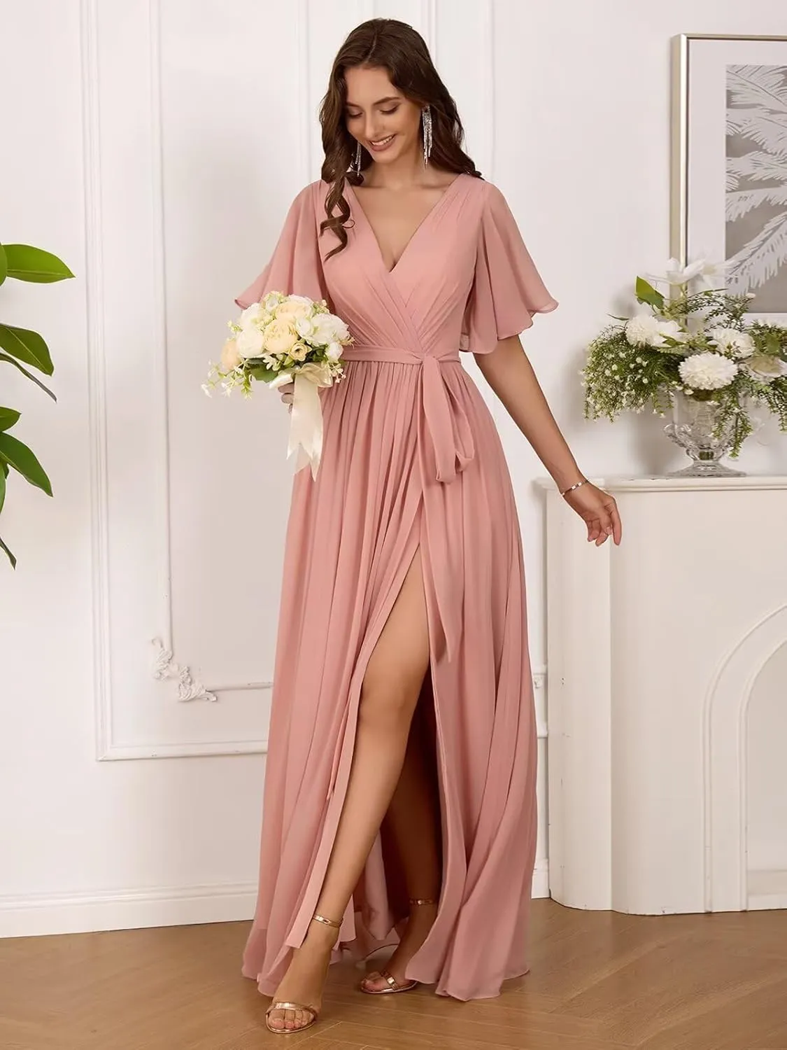 Flutter Sleeve Chiffon Bridesmaid Dresses Long with Pockets Slit V Neck Formal Dress for Women