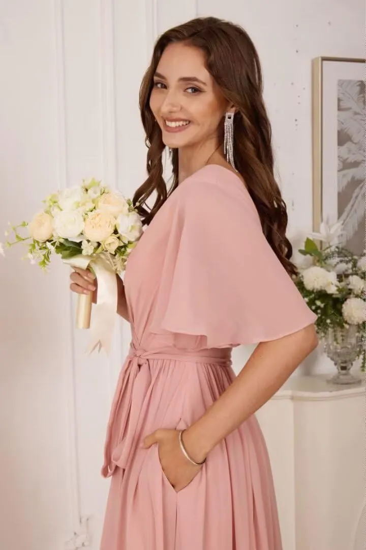 Flutter Sleeve Chiffon Bridesmaid Dresses Long with Pockets Slit V Neck Formal Dress for Women