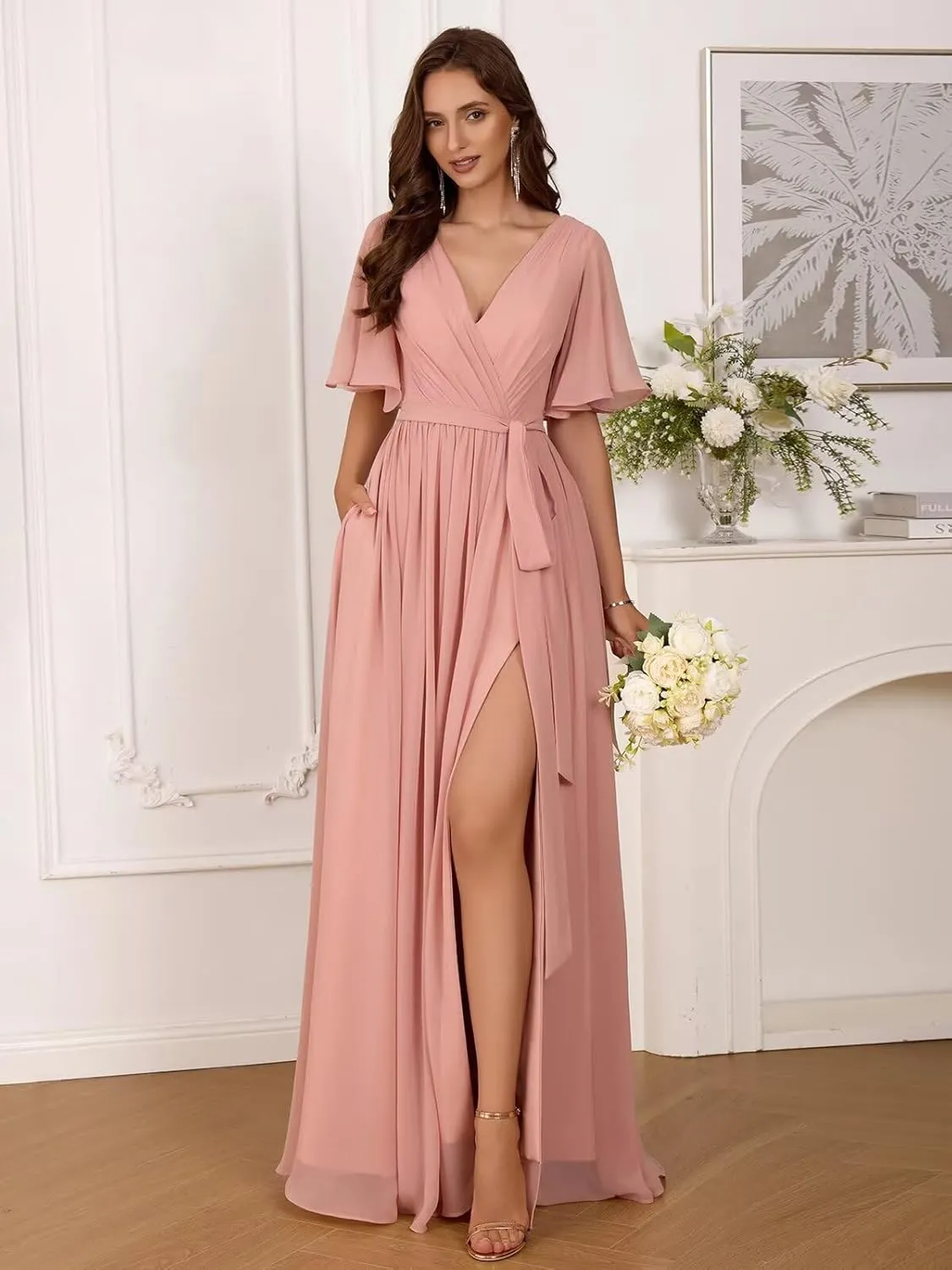 Flutter Sleeve Chiffon Bridesmaid Dresses Long with Pockets Slit V Neck Formal Dress for Women