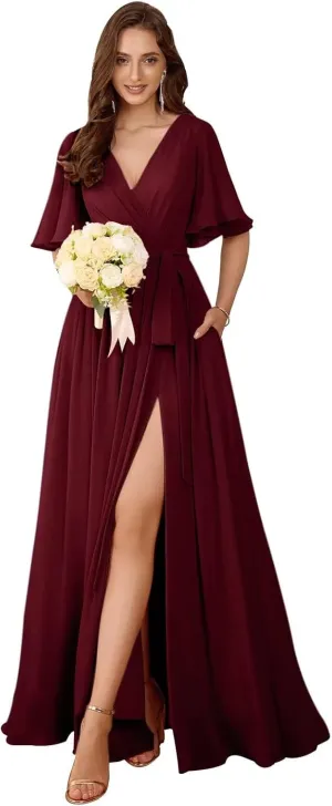 Flutter Sleeve Chiffon Bridesmaid Dresses Long with Pockets Slit V Neck Formal Dress for Women