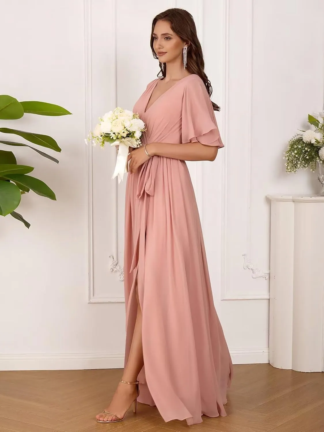 Flutter Sleeve Chiffon Bridesmaid Dresses Long with Pockets Slit V Neck Formal Dress for Women