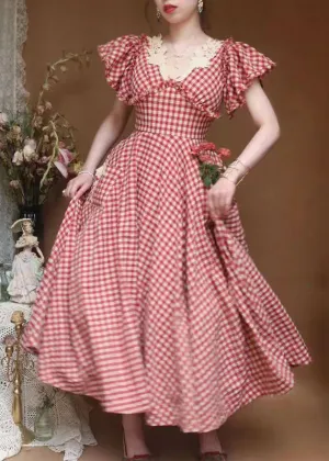 FLYTONN- Classy Plaid V Neck Ruffled Pockets Cotton Dresses Summer KK001