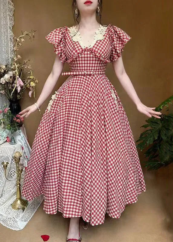 FLYTONN- Classy Plaid V Neck Ruffled Pockets Cotton Dresses Summer KK001