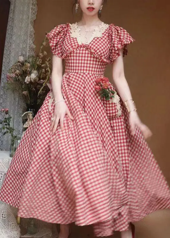 FLYTONN- Classy Plaid V Neck Ruffled Pockets Cotton Dresses Summer KK001