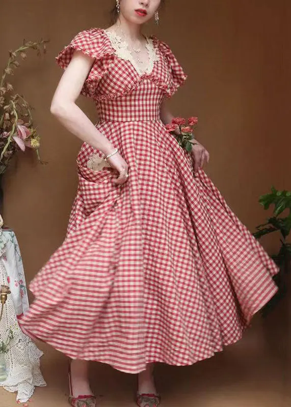 FLYTONN- Classy Plaid V Neck Ruffled Pockets Cotton Dresses Summer KK001