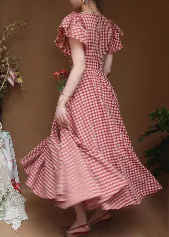 FLYTONN- Classy Plaid V Neck Ruffled Pockets Cotton Dresses Summer KK001