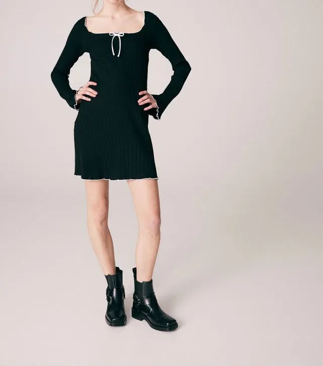 Flytonn- Ribbed Bow Knot Lettuce Trim Dress