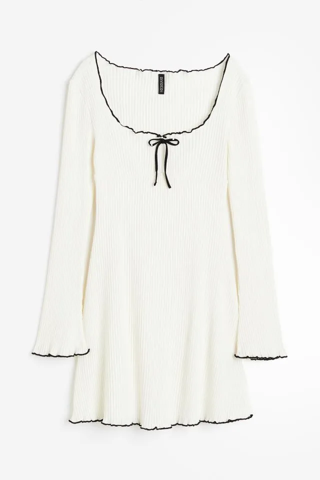 Flytonn- Ribbed Bow Knot Lettuce Trim Dress