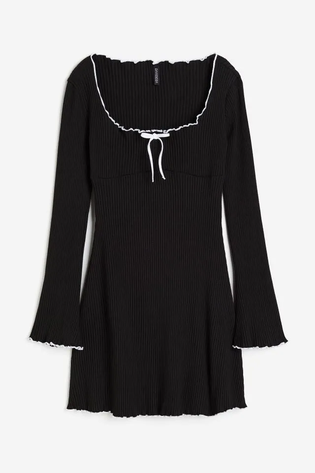 Flytonn- Ribbed Bow Knot Lettuce Trim Dress