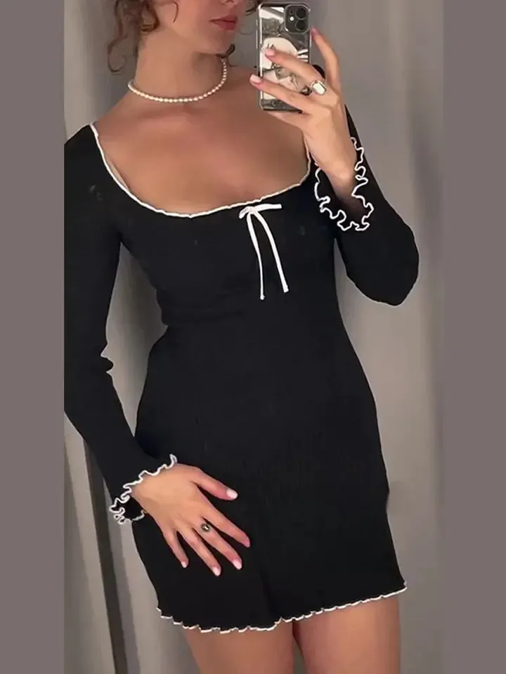 Flytonn- Ribbed Bow Knot Lettuce Trim Dress