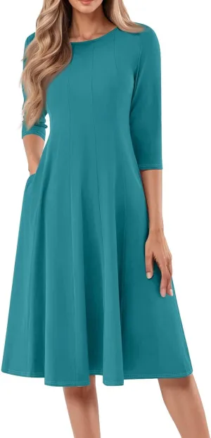 Formal Dresses for Women Red 3/4 Sleeve Casual Swing Solid Flowy Vintage Summer Spring Midi Tshirt