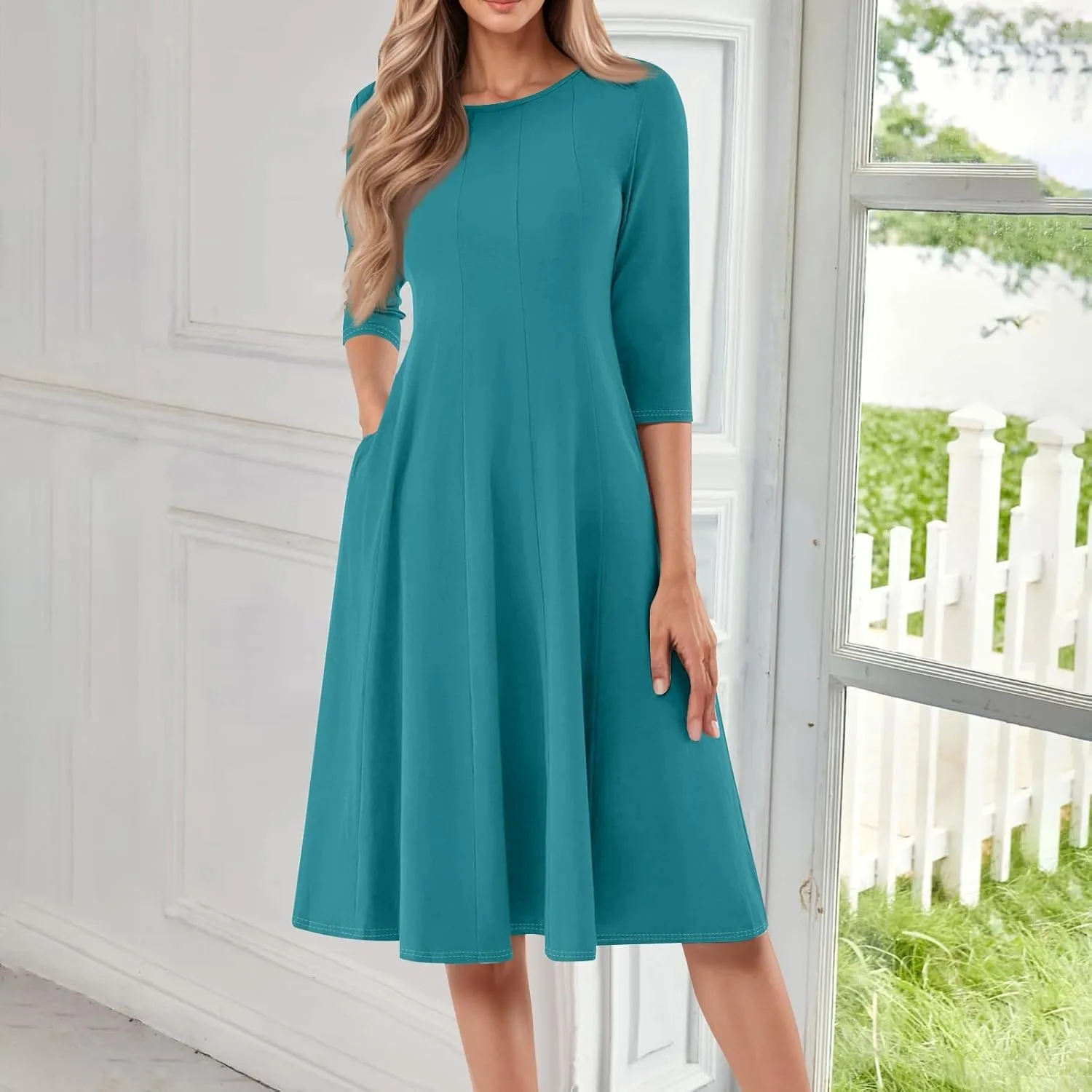 Formal Dresses for Women Red 3/4 Sleeve Casual Swing Solid Flowy Vintage Summer Spring Midi Tshirt