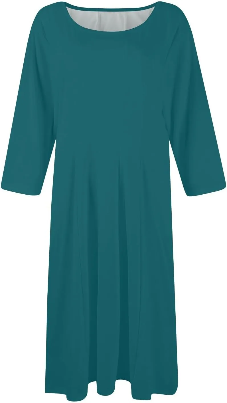 Formal Dresses for Women Red 3/4 Sleeve Casual Swing Solid Flowy Vintage Summer Spring Midi Tshirt