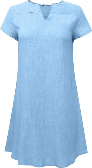 FZYLQY Casual Womens Tunic Dresses Short Sleeve Linen V Neck Loose Fit Comfy Mini Dress Trendy Summer Beach Sundresses