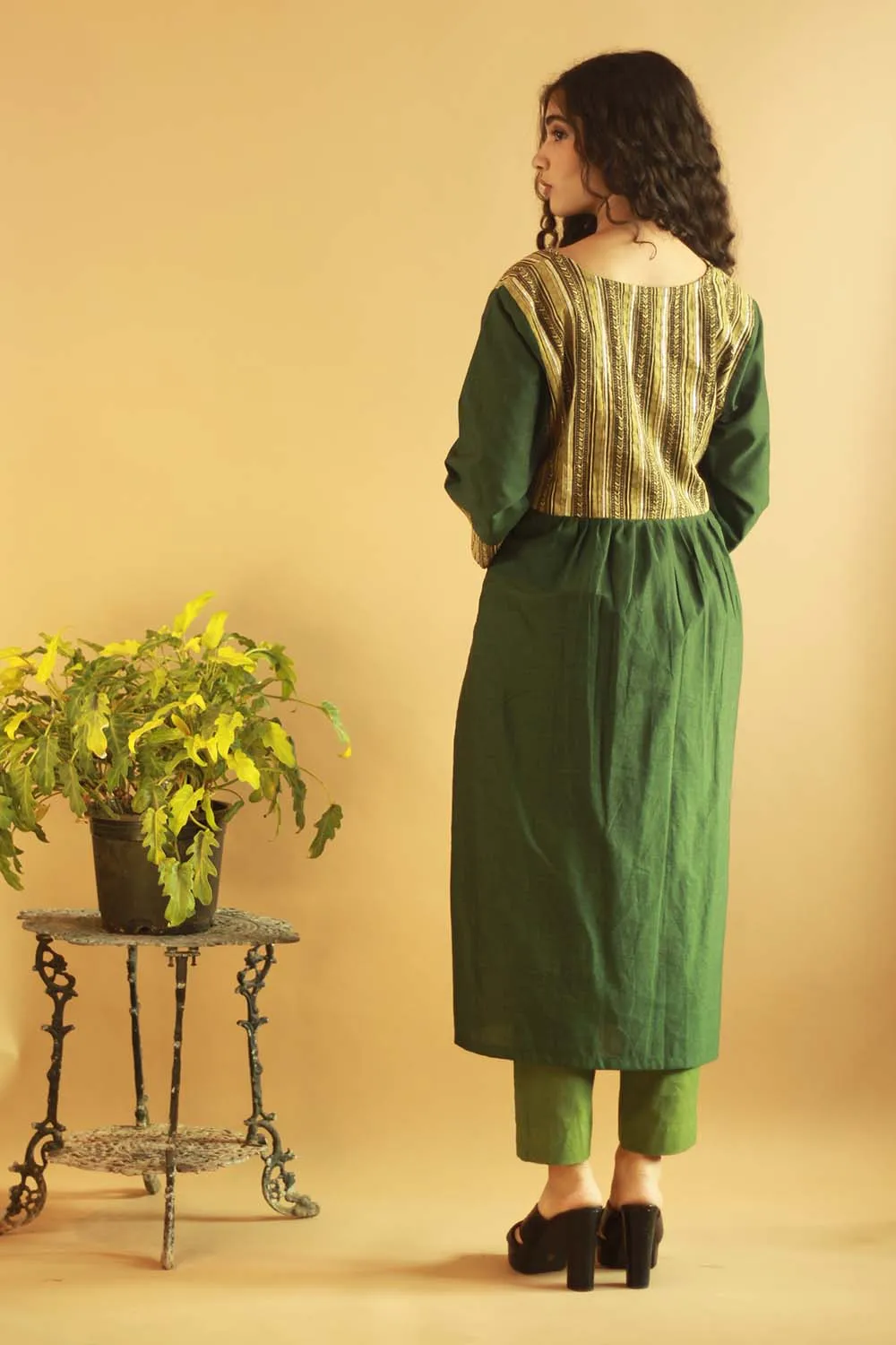 Gathered Yoke Boho Kurta - Green